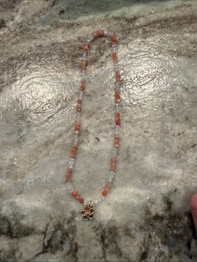 Delicate Orange and Clear Stretchy Beaded Necklace with Gold Flower Pendant
